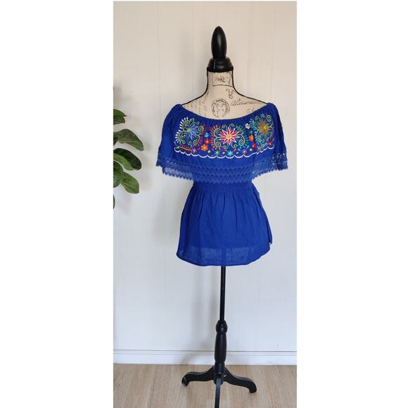 New Mexican Peasant Embroidered Blouse Off Shoulder Floral Top Handmade Sz M - Picture 5 of 8